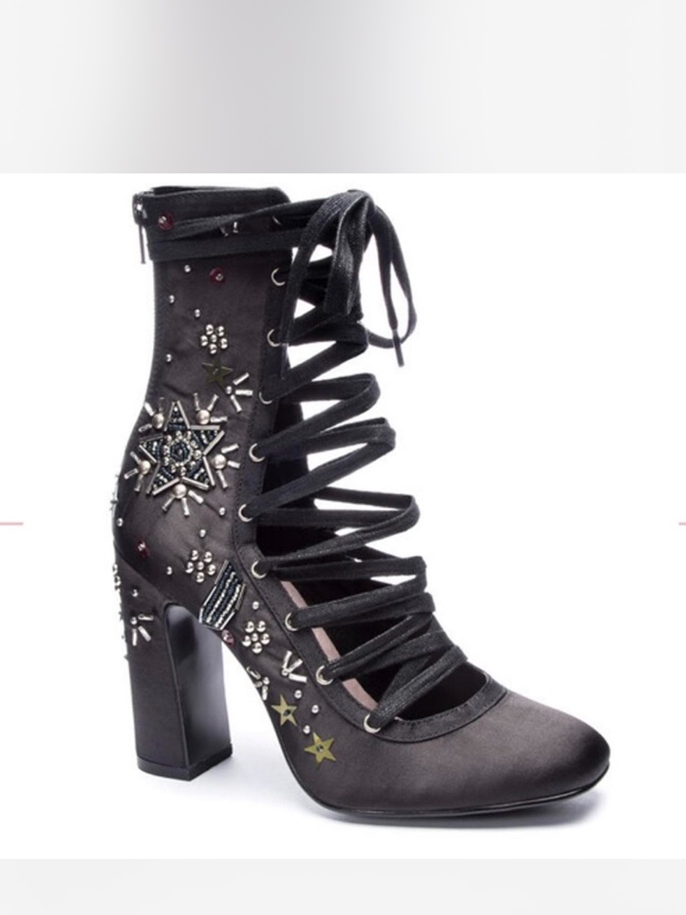 NWOB Rare Chinese Laundry Saige Crystal Black Satin Embellished Boots